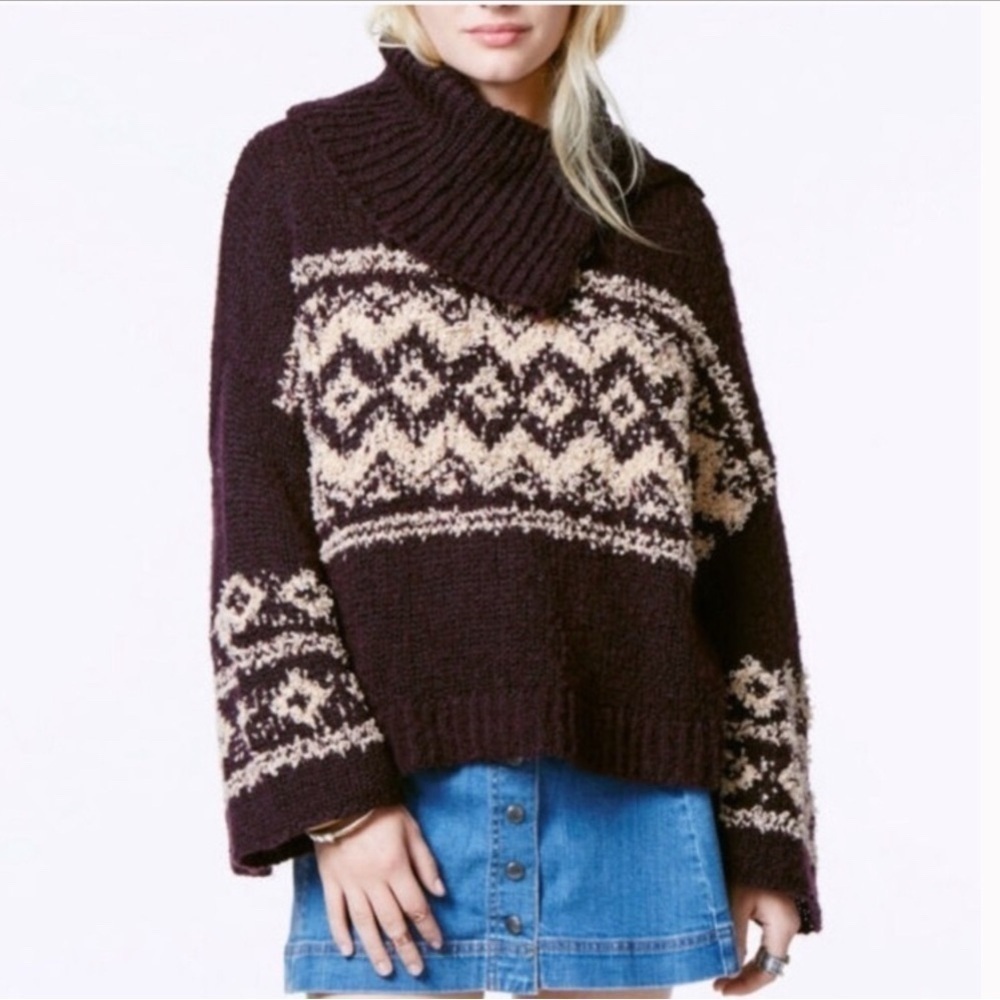 Free People Small ragnar cowl neck sweater purple Oversized Fair Isle